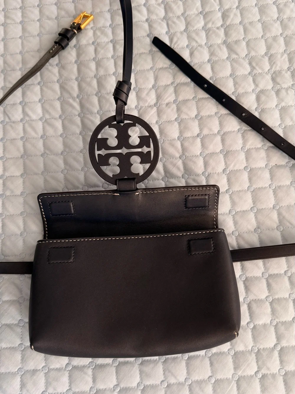 Tory Burch Navy Blue Leather Belt/Crossbody Bag with Logo Medallion